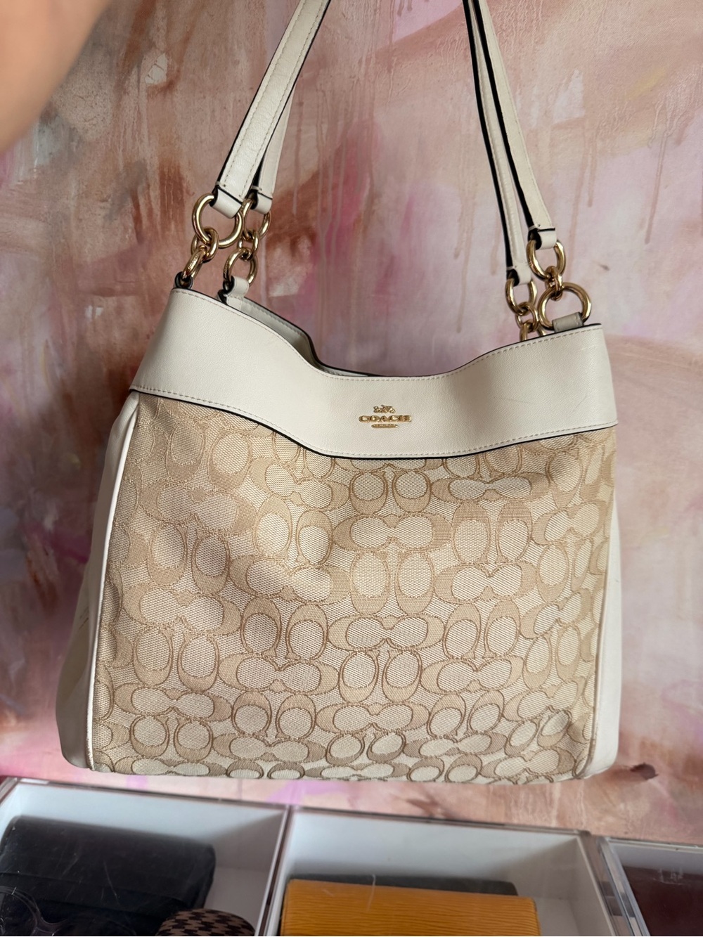 Coach Beige Signature Canvas and Cream Leather Shoulder Bag
